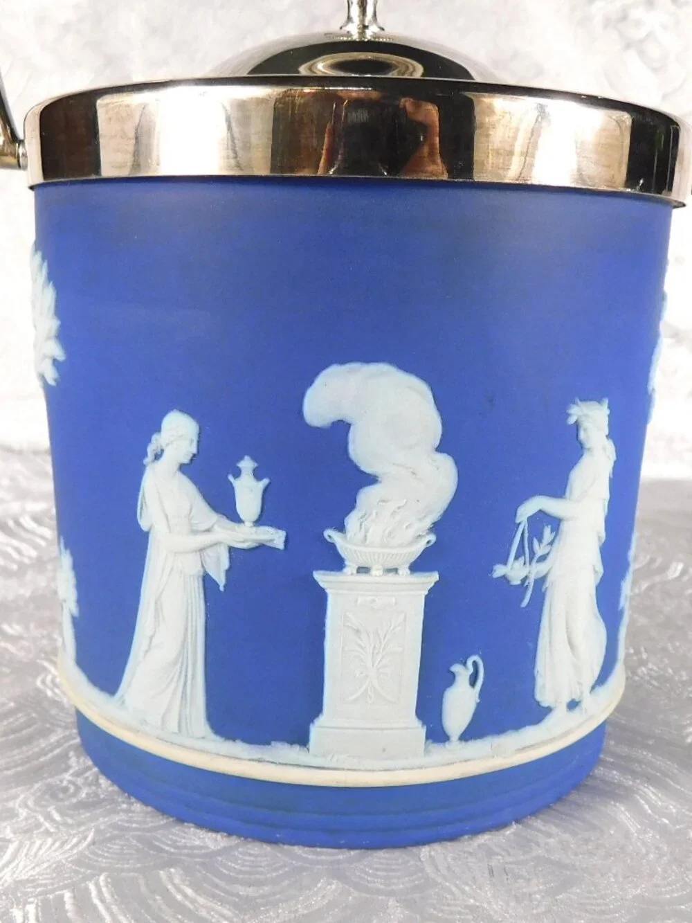 Wedgwood Cream on Dark Blue Jasperware Biscuit Barrel with Lid # 27806